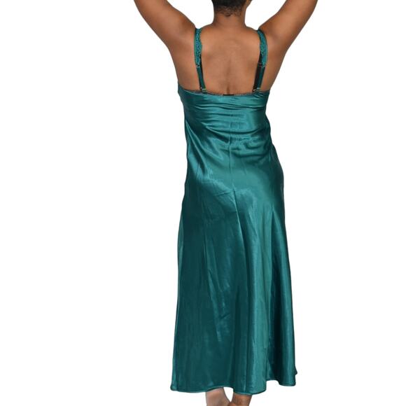 Vintage Victorias Secret Nightgown Green Satin Maxi Slip High Slit Gold Label XS - Picture 2 of 16